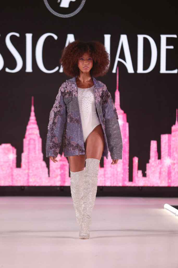 NEW YORK, NEW YORK - SEPTEMBER 09: A model walks the runway wearing Jessica Jade at Runway 7 Spring/Summer 2023 Collections, on September 09, 2022 in New York City. (Photo by Thomas Concordia/Getty Images for Runway 7)