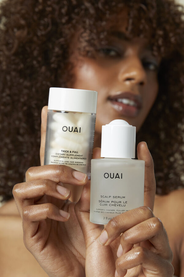 2022_SERUM_SUPPLEMENTS_MODEL_793-CROPPED OUAI hair care scalp serum and thick and full supplements combo set