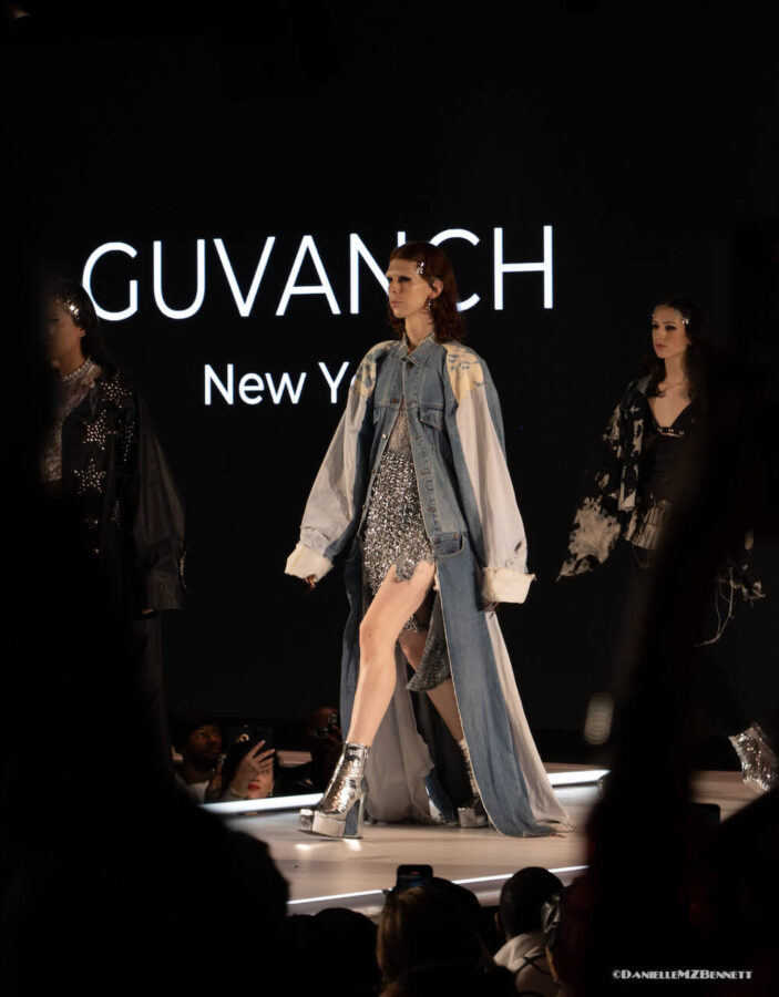 Model walks the stage at Sony Hall for Guvanch during Bartschland show at Runway 7 for NYFW