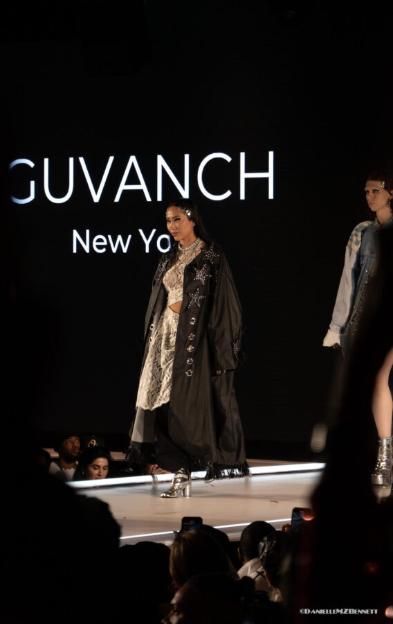 Model walks the stage at Sony Hall for Guvanch during Bartschland show at Runway 7 for NYFW