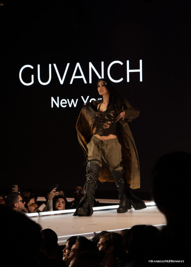 Model walks the stage at Sony Hall for Guvanch during Bartschland show at Runway 7 for NYFW