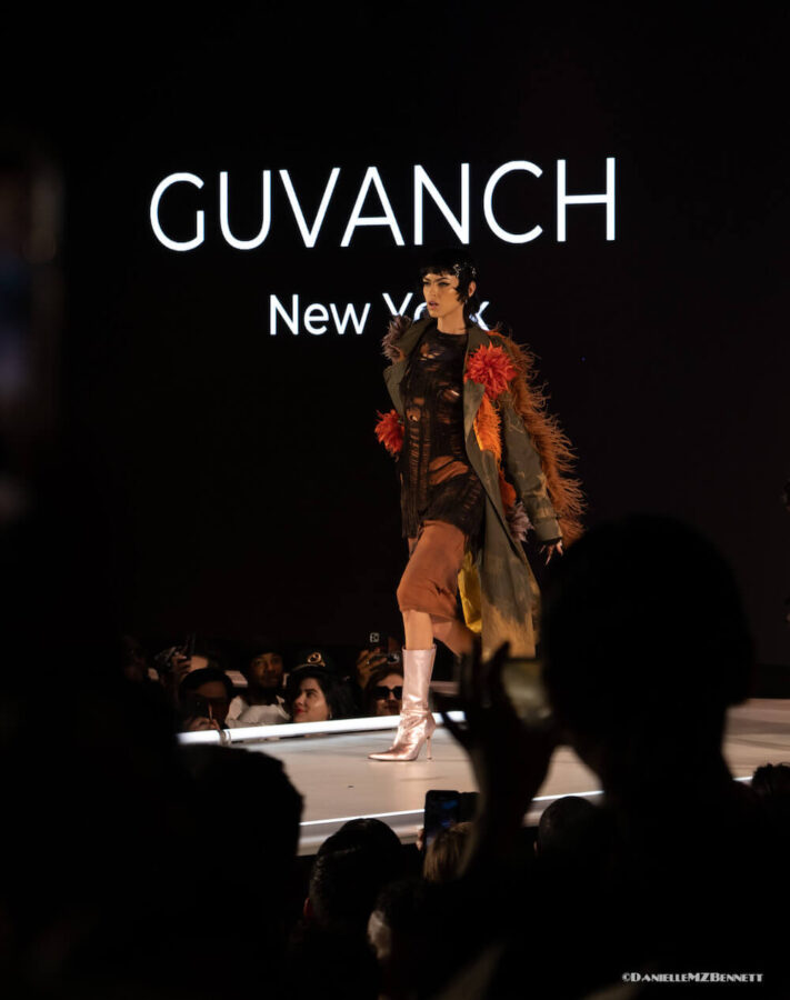 Model walks the stage at Sony Hall for Guvanch during Bartschland show at Runway 7 for NYFW
