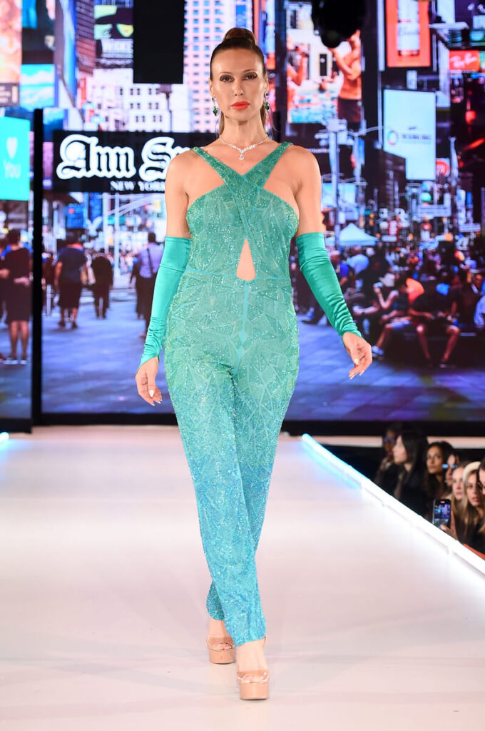 Model walking for Ann Spoyer at Sony Hall for Runway 7 NYFW Fall Winter 2023