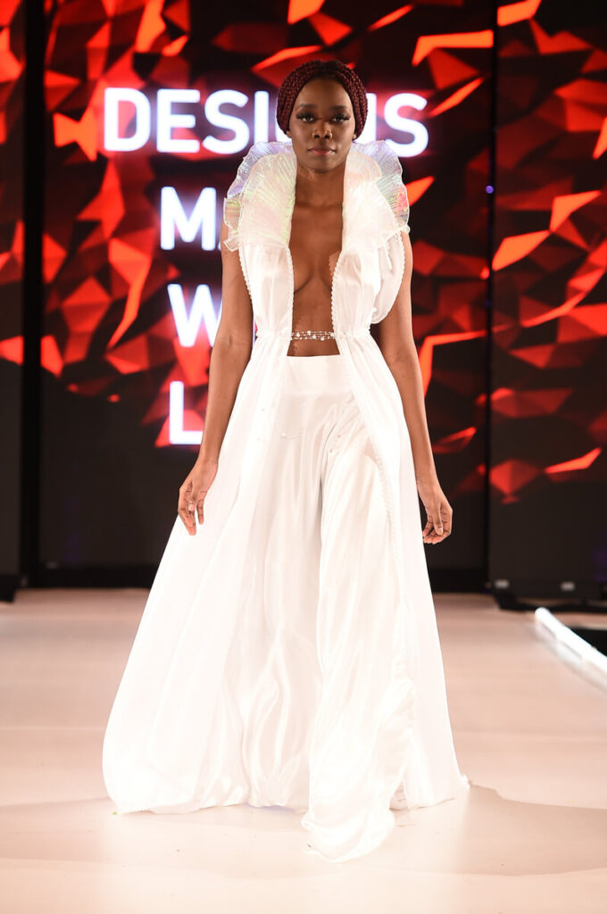 Model walking for Godesca at Sony Hall for Runway 7 NYFW Fall Winter 2023