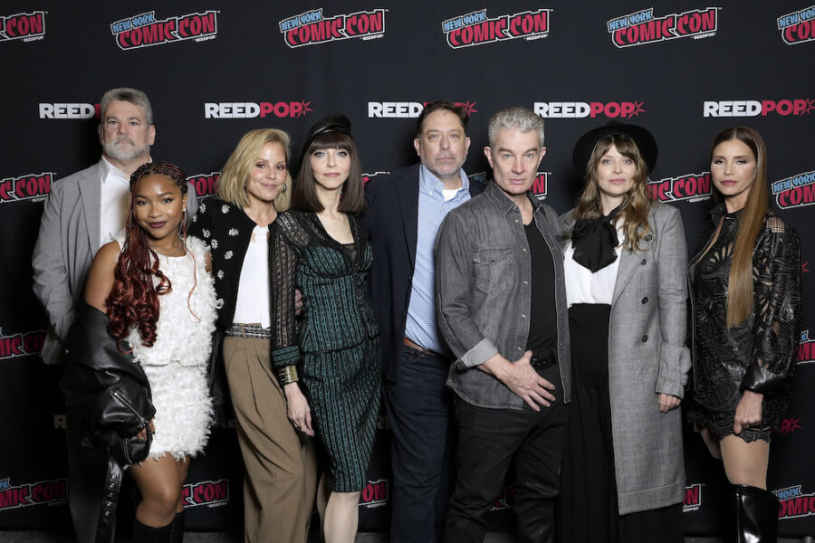 NEW YORK, NEW YORK - OCTOBER 13: (L-R) Christopher Golden, Laya DeLeon Hayes, Emma Caulfield Ford, Juliet Landau, James Charles Leary, James Marsters and Charisma Carpenter attend as "Slayers: A Buffyverse Story" Stars And Creators Celebrate New Audible Original Series At NYCC With Panel And Visit To “The Slayers Society” Activation at Javits Center on October 13, 2023 in New York City. (Photo by Ilya S. Savenok/Getty Images for Audible)