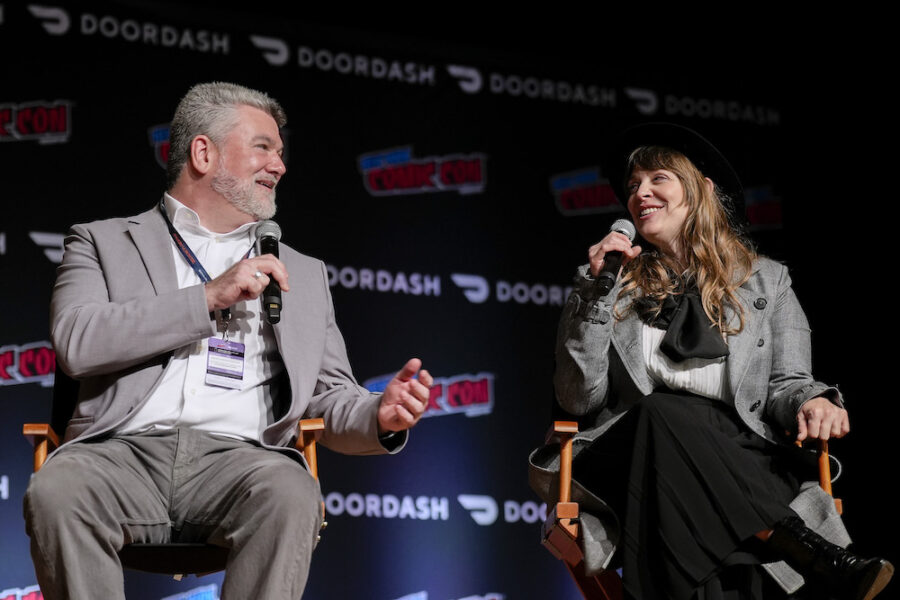 NEW YORK, NEW YORK - OCTOBER 13: Audible Original “Slayers: A Buffyverse Story” Series Stars (L-R) Christopher Golden and Amber Benson on Official New York Comic Con Panel at Javits Center on October 13, 2023 in New York City. (Photo by Ilya S. Savenok/Getty Images for Audible)