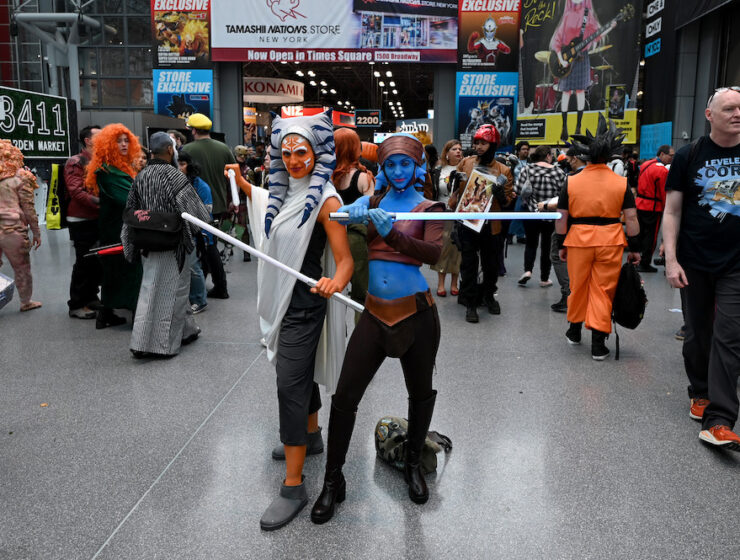 NEW YORK, NEW YORK - OCTOBER 14: Cosplayers posing as Ahsoka Tano and Aayla Secura from Star Wars during New York Comic Con 2023 - Day 3 at Javits Center on October 14, 2023 in New York City. (Photo by Bryan Bedder/Getty Images for ReedPop)