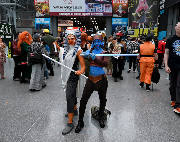 NEW YORK, NEW YORK - OCTOBER 14: Cosplayers posing as Ahsoka Tano and Aayla Secura from Star Wars during New York Comic Con 2023 - Day 3 at Javits Center on October 14, 2023 in New York City. (Photo by Bryan Bedder/Getty Images for ReedPop)