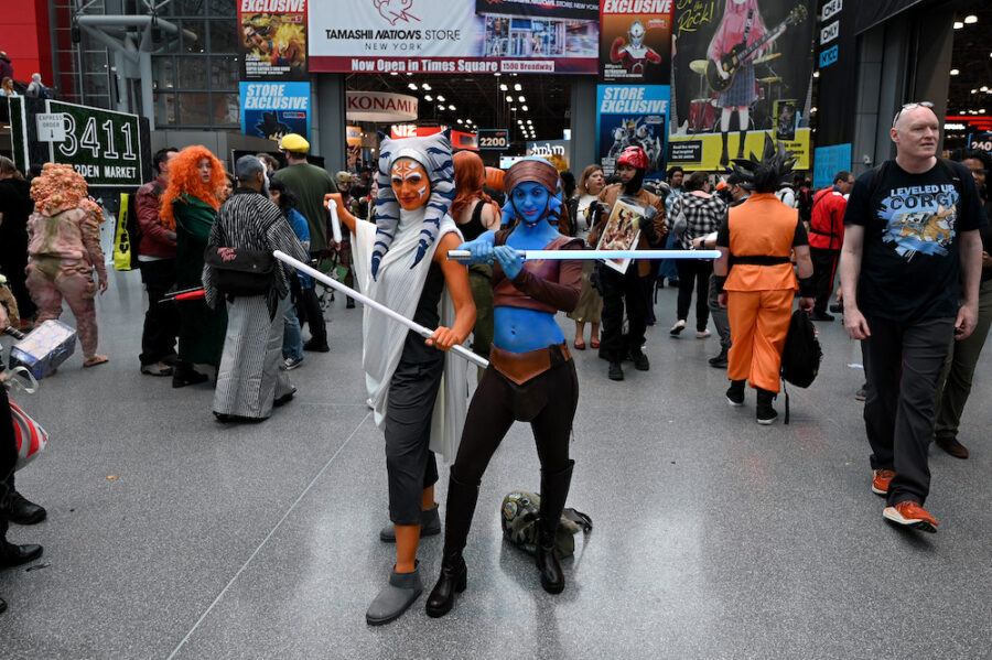 NEW YORK, NEW YORK - OCTOBER 14: Cosplayers posing as Ahsoka Tano and Aayla Secura from Star Wars during New York Comic Con 2023 - Day 3 at Javits Center on October 14, 2023 in New York City. (Photo by Bryan Bedder/Getty Images for ReedPop)