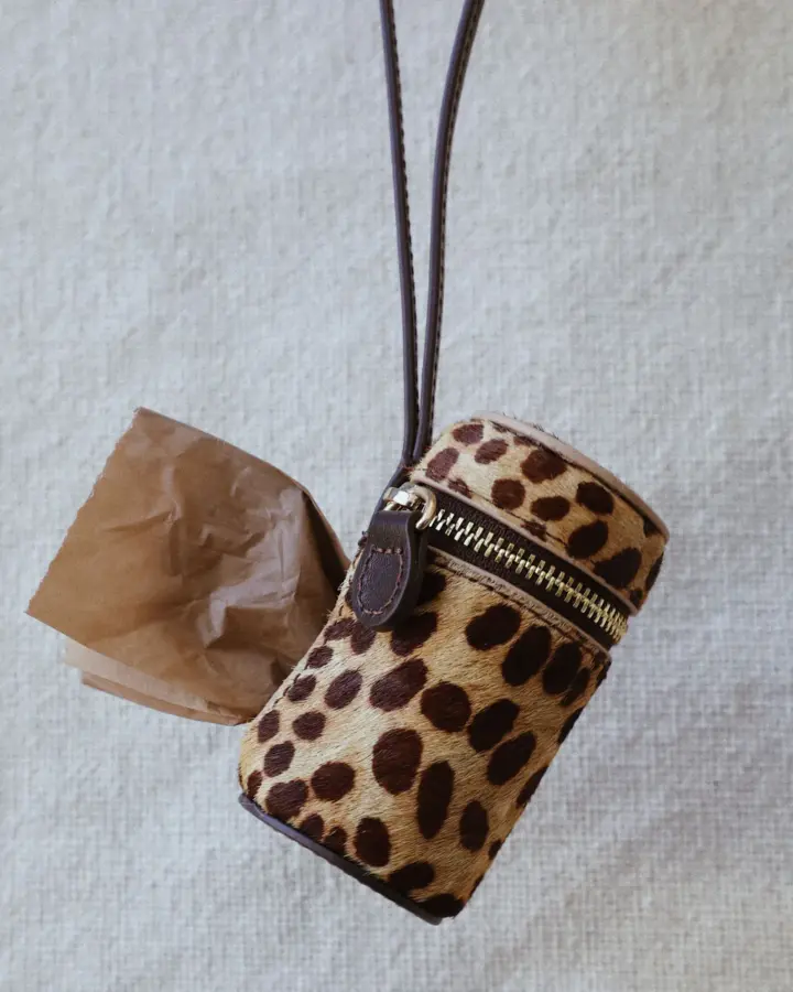 FURB Wylde Brown Spotted Poop Bag Holder with pony hair leather for fashionable pet owners