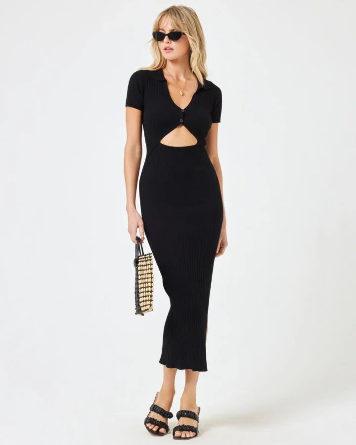 model wearing Lena rib knit midi dress from LSPACE in black