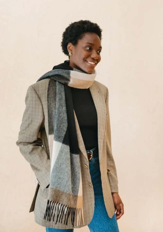 Tartan Blankets Co TBCO lambswool oversized scarf in monochrome edge check pattern.
