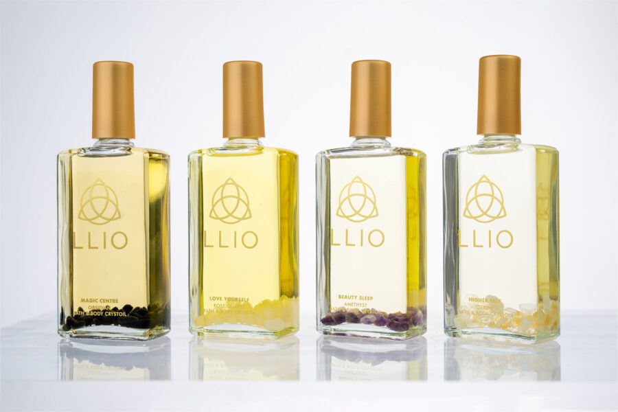 Llio luxury crystal infused essential oils gift set featuring Magic Centre, Love Yourself, Higher Self and Beauty Sleep.