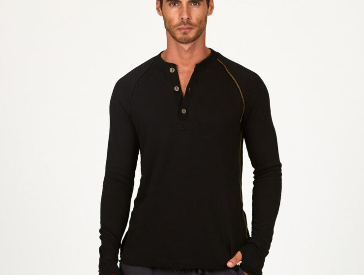 Model wearing One Golden Thread The Henley in black