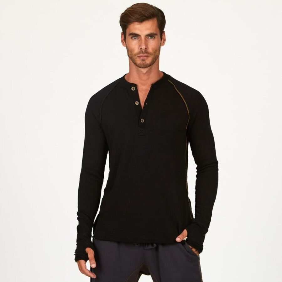 Model wearing One Golden Thread The Henley in black