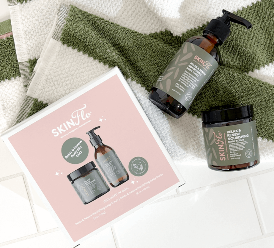 Skin Flo Relax and Renew Body Glo bundle with Body Scrub and Body Gloss