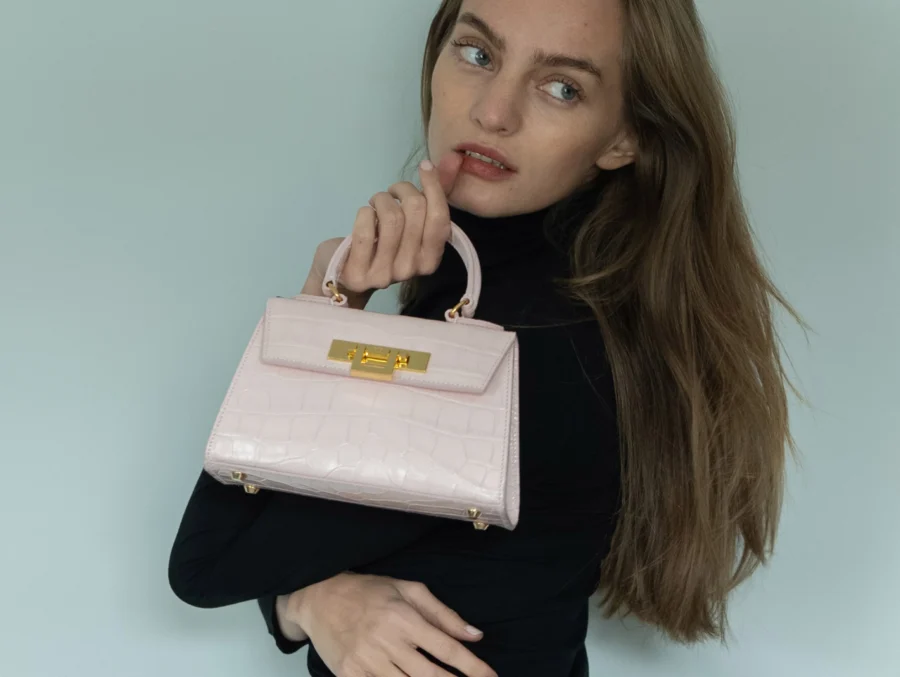 Lalage luxury handbags Fonteyn Mignon Orinoco Croc in Rose