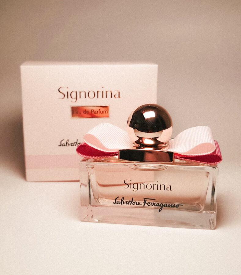 Luxury fragrance Signorina Eau de Parfum by Salvatore Ferragamo Bottle in front of box Photo by Sophia Calderone