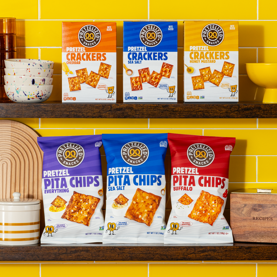Pretzelized crackers and pita chips on shelves