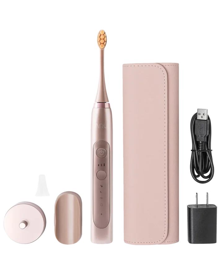 aru-sonic-toothbrush-starter-kit ARU non abrasive sonic electric toothbrush start kit in pink