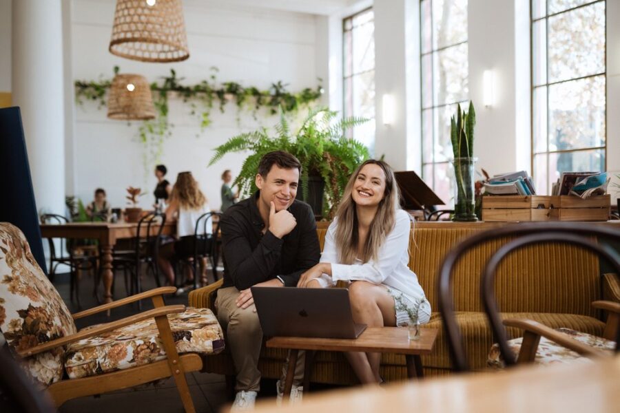 Goodness Lover founders Sarah and Matt sitting in a cozy setting