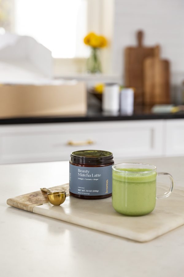 Kroma Beauty Matcha Latte in a kitchen